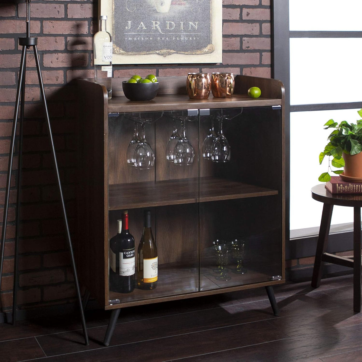Dark Walnut Double Glass Door Bar Cabinet N2286