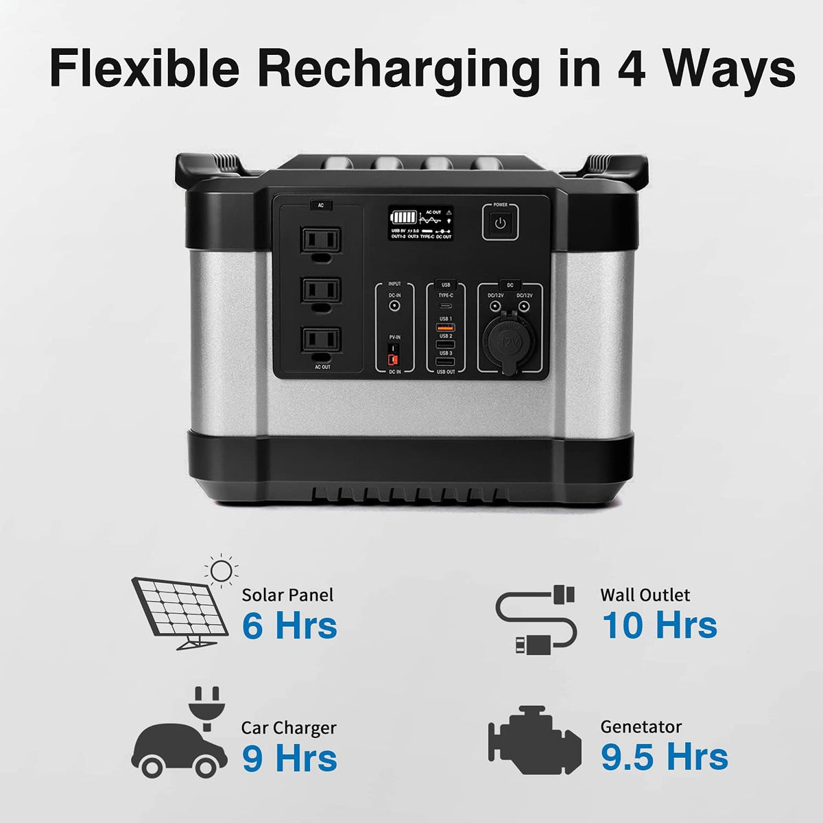 350000mAh 1000W 1120Wh Solar Power Generator with 3 AC Outlets, 3 USB Ports, LED Display N713633