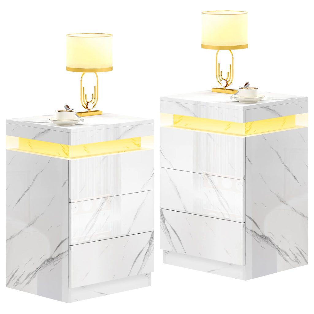 Set of 2 3 Drawer LED Nightstand T4106