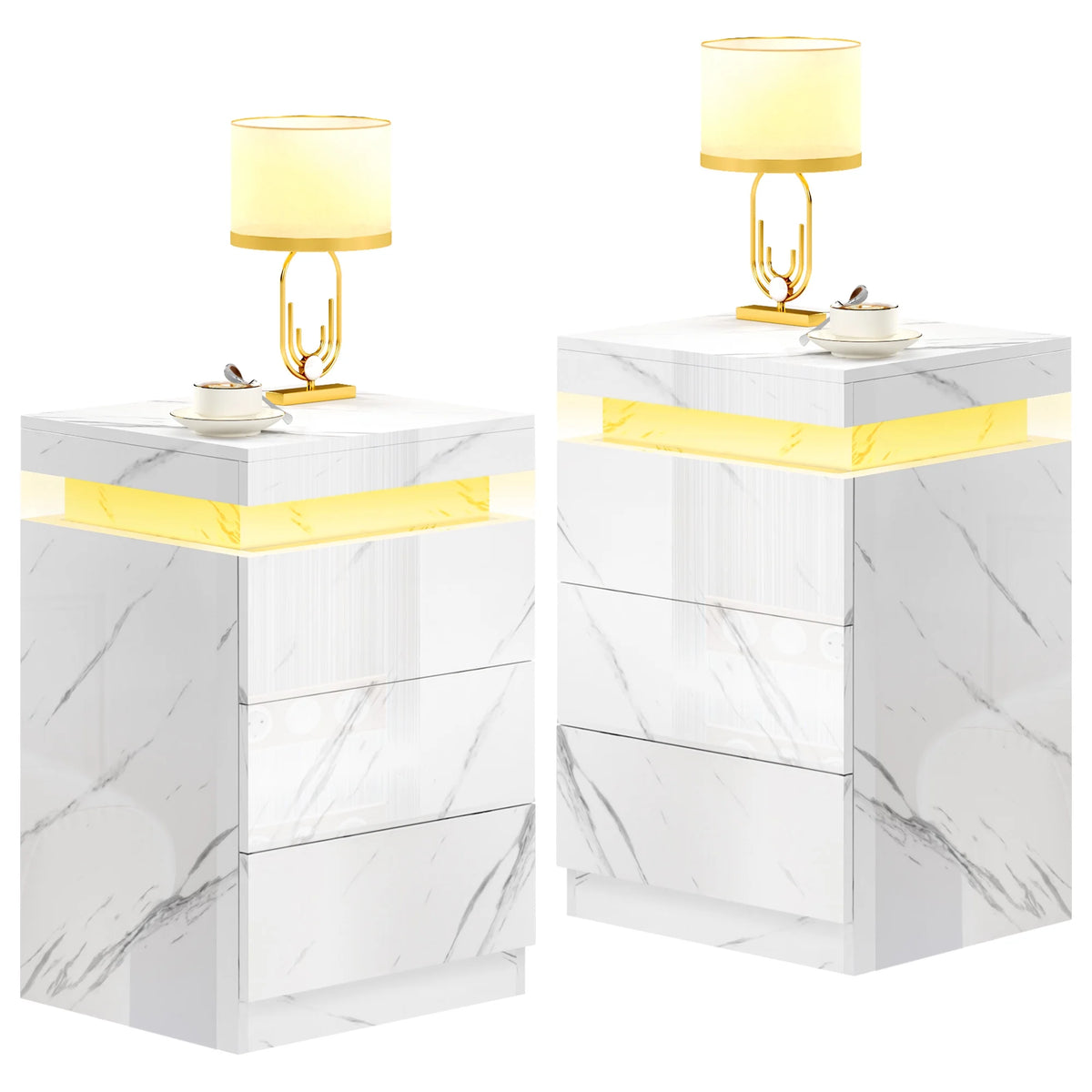 Set of 2 3 Drawer LED Nightstand T4106