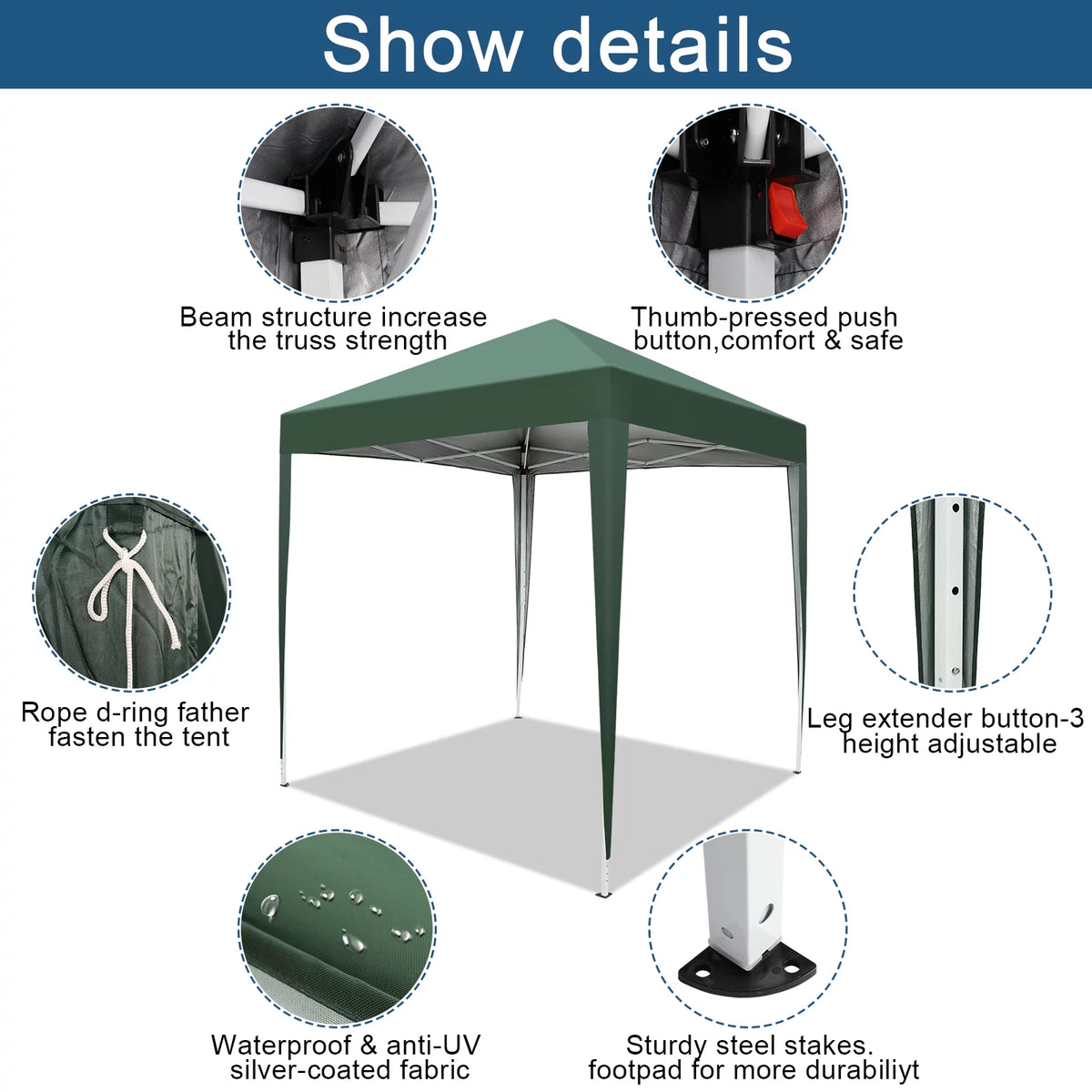 6.5 x 6.5ft Pop Up Gazebo Canopy Tent with 4 Sidewalls Green U6943