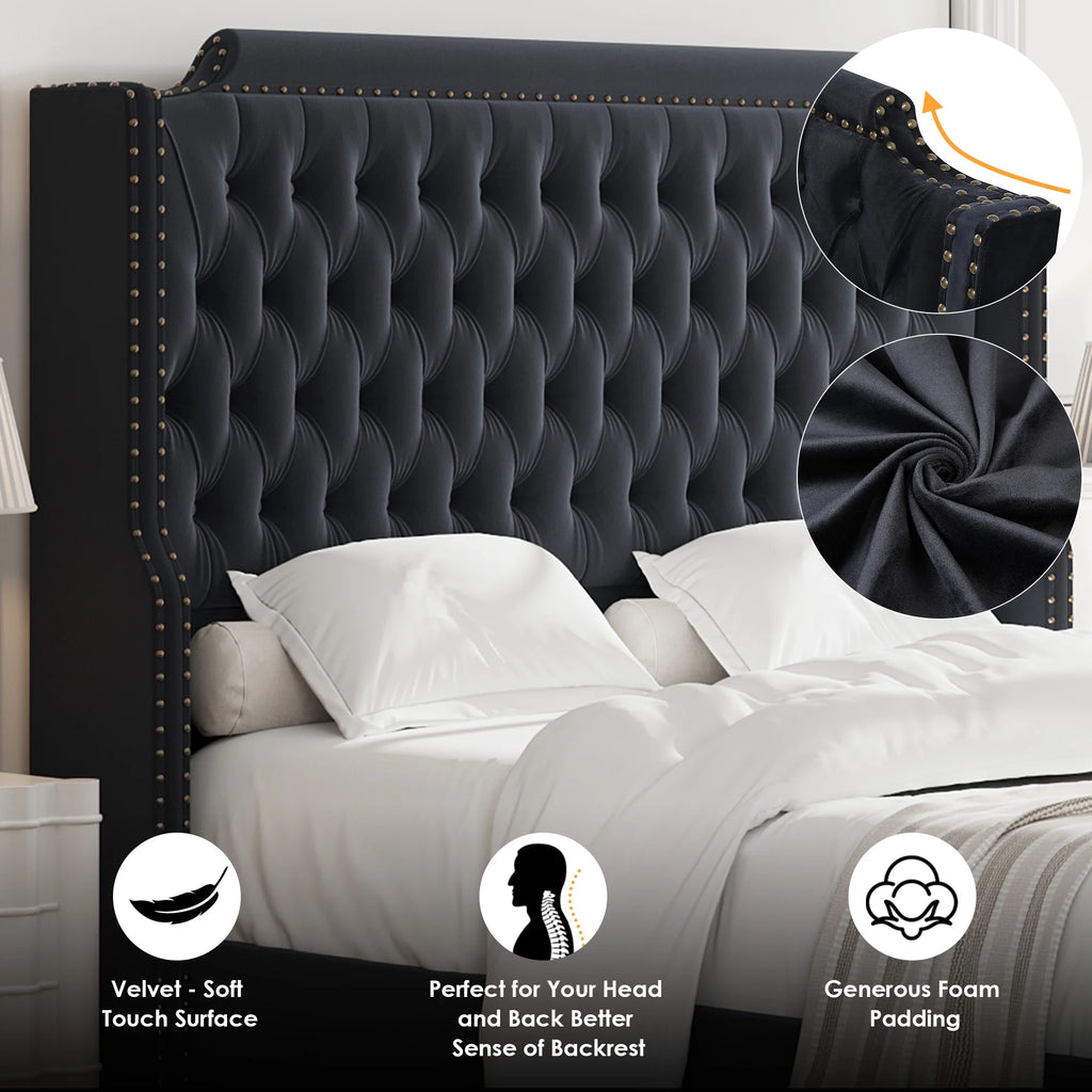 Queen Size Off-white Velvet Upholstered Bed Frame with Headboard and Footboard C40348