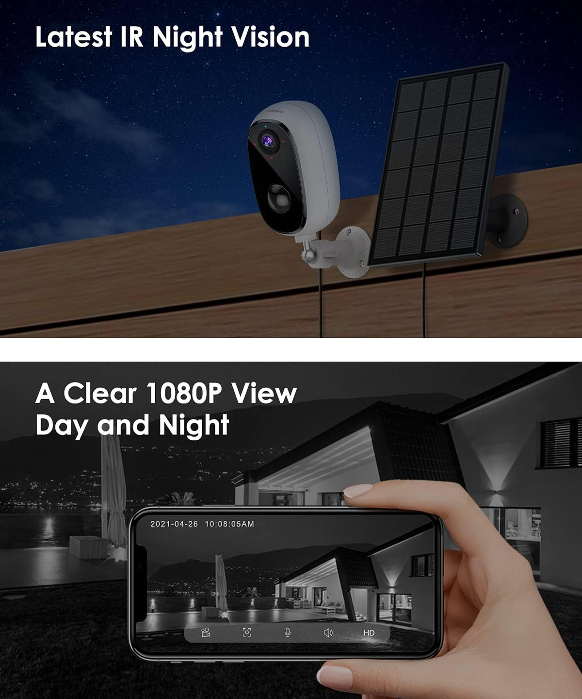 Solar Powered Outdoor Security Cameras Wireless, 1080P, Night Vision, 2-Way Talk, Motion Detection, Waterproof H7125