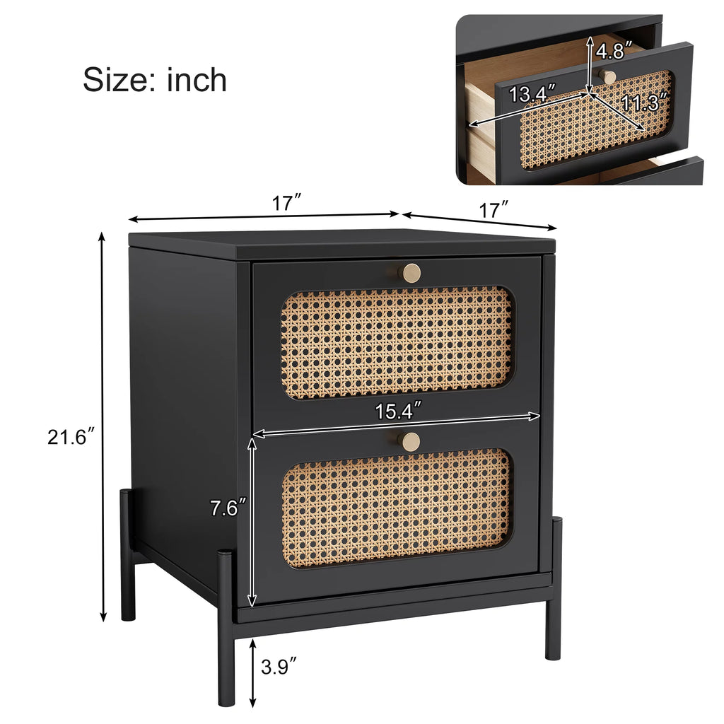 Black 2-Drawer Rattan Wood Side Table S908