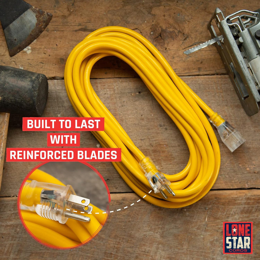50 Foot 10/3 SJTW Lighted Extension Cord Yellow 3 Prong Grounded Plug 10 Gauge C423