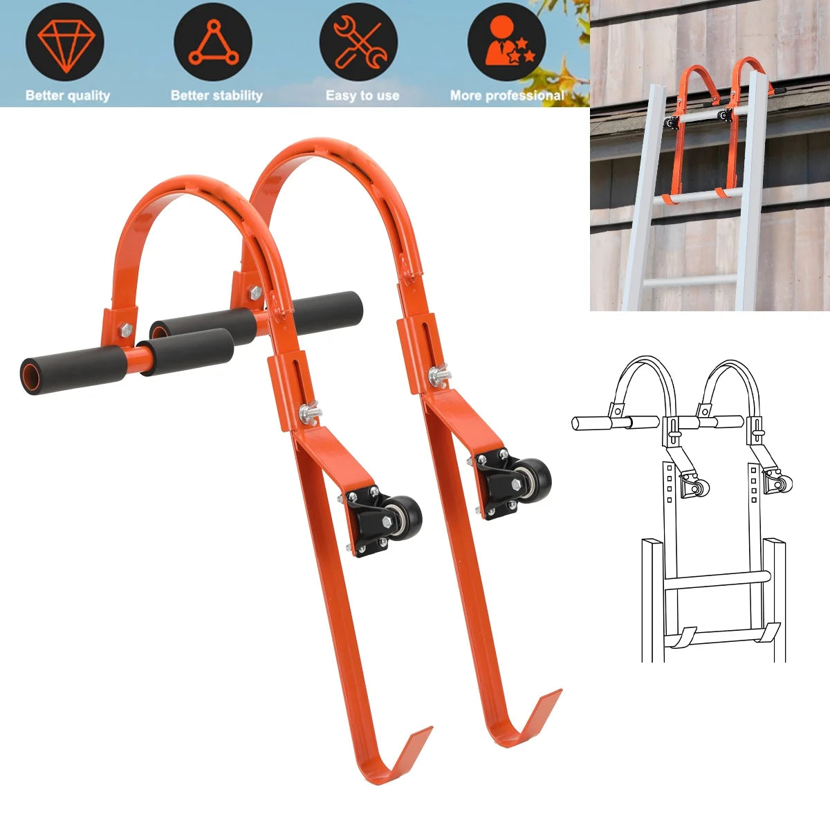 2 Pack Heavy Duty Steel Ladder Roof Hook with Wheel I3714