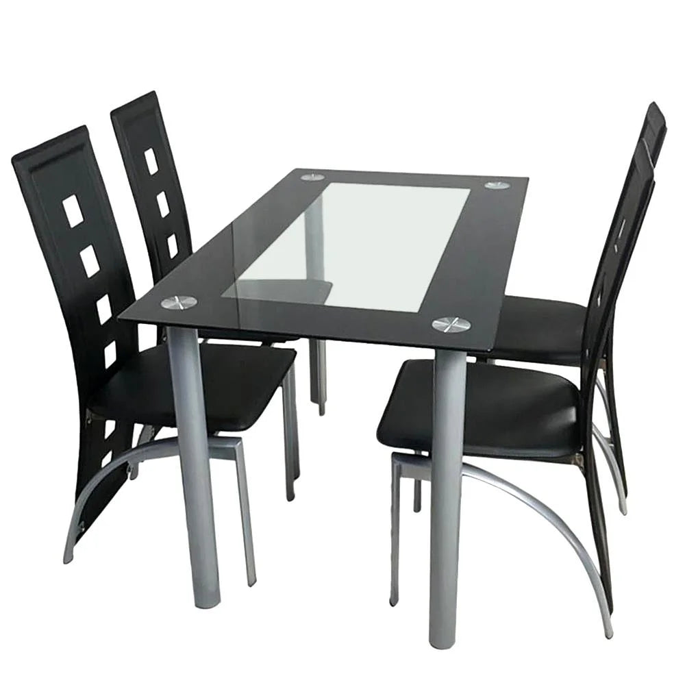 Transparent & Black Tempered Glass Dining Table Set with 4pcs Chairs L141