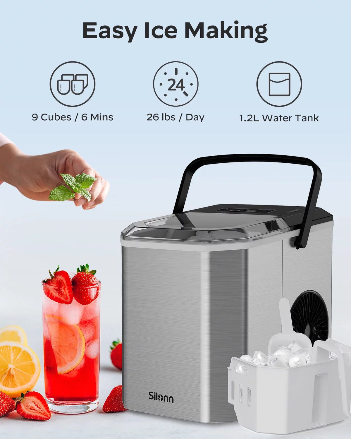Countertop Ice Maker Machine with Handle, 9pcs/6min, 26lbs/24h, Silver T8414