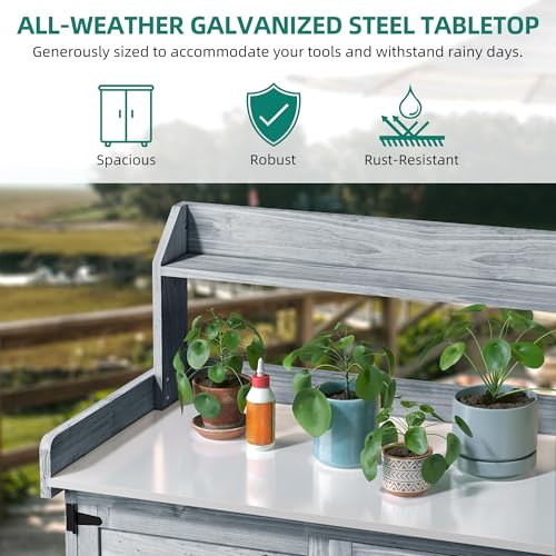 Solid Wood Potting Bench Table with Folding Pallet and Metal Tabletop, Grey I153
