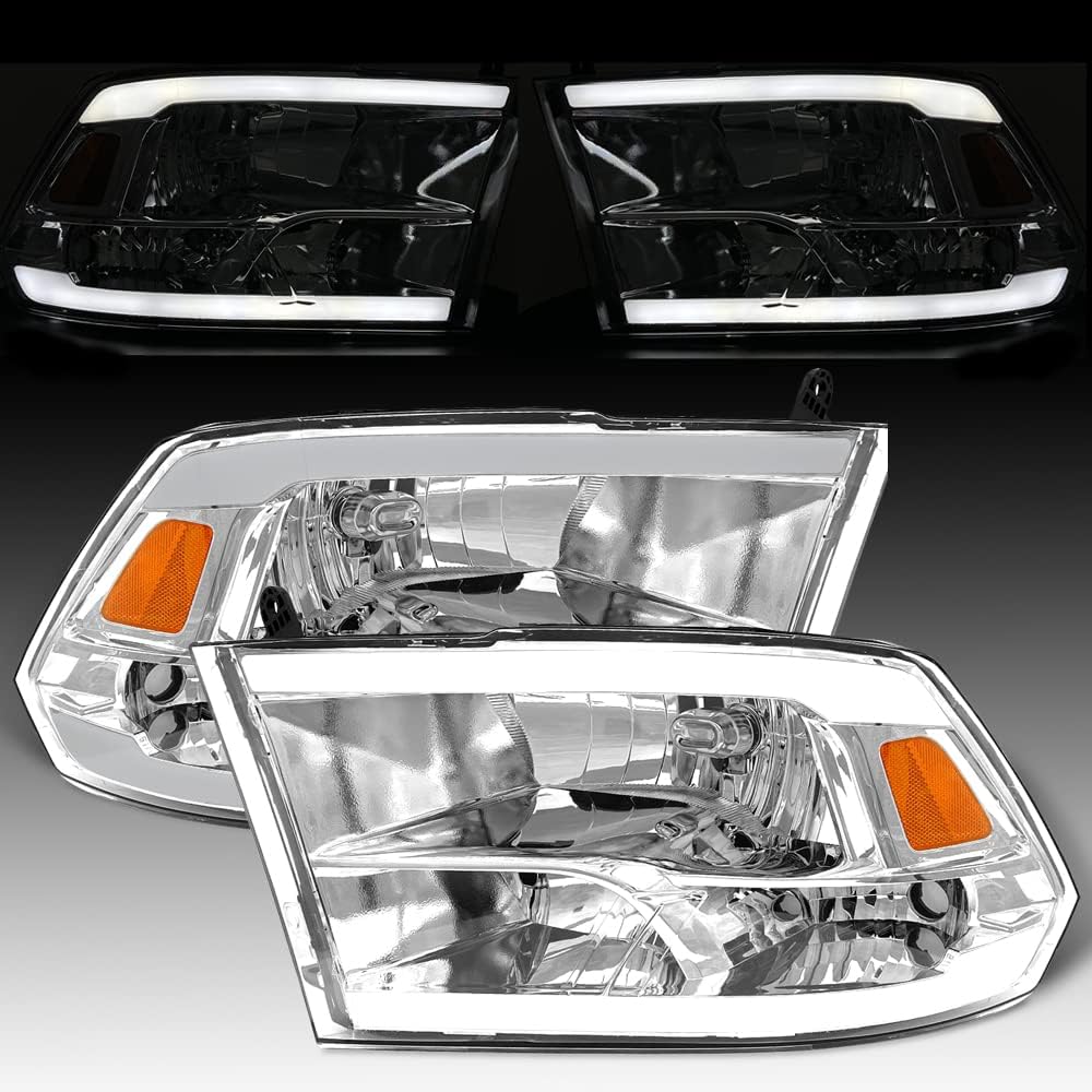 Headlight Assembly Compatible with 2009-2018 Dodge Ram 1500 2500 3500 LED Tube Chrome Housing Driver and Passenger Side B484898