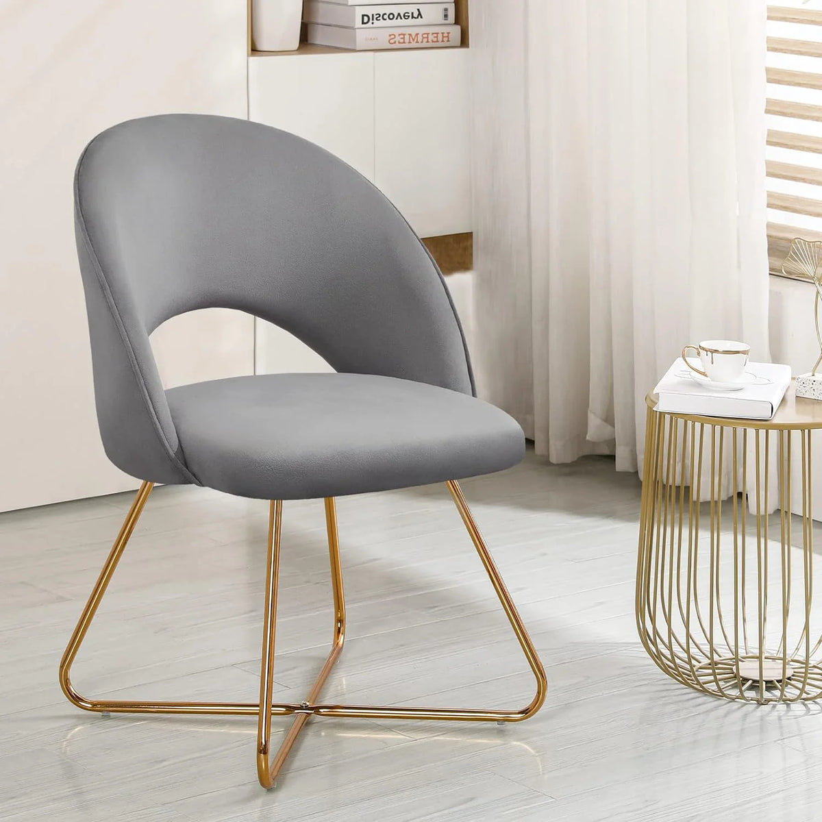 Lightgrey Velvet Upholstered Vanity Chair with Metal Legs W20803