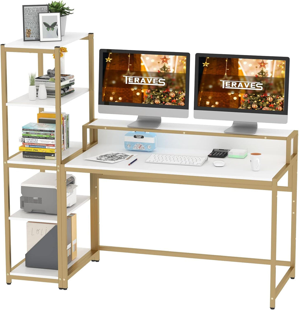47 Inch Reversible Computer Desk with 5 Tier Shelves and Storage P239838