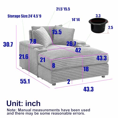 Oversized Corduroy Convertible Sleeper Sofa with Ottoman, Grey S924137