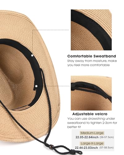 Straw Cowboy Sun Hats with Wind Lanyard UPF 80+ O706833
