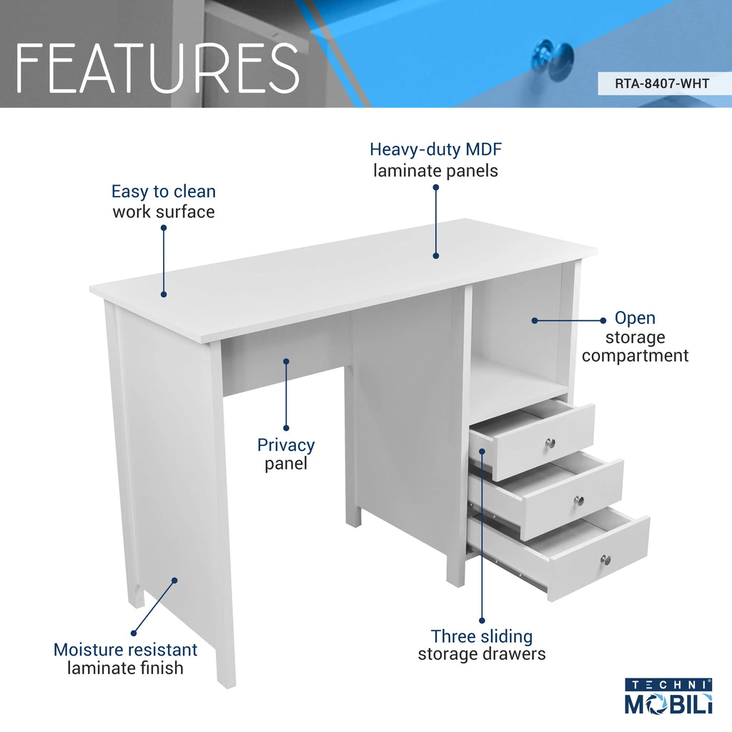 Contemporary Desk with 3 Storage Drawers, White Q3500