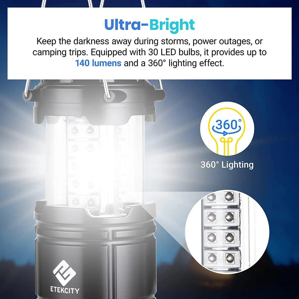 4 Pack Portable LED Camping Lantern with 12 AA Batteries, Black, Collapsible Y237656