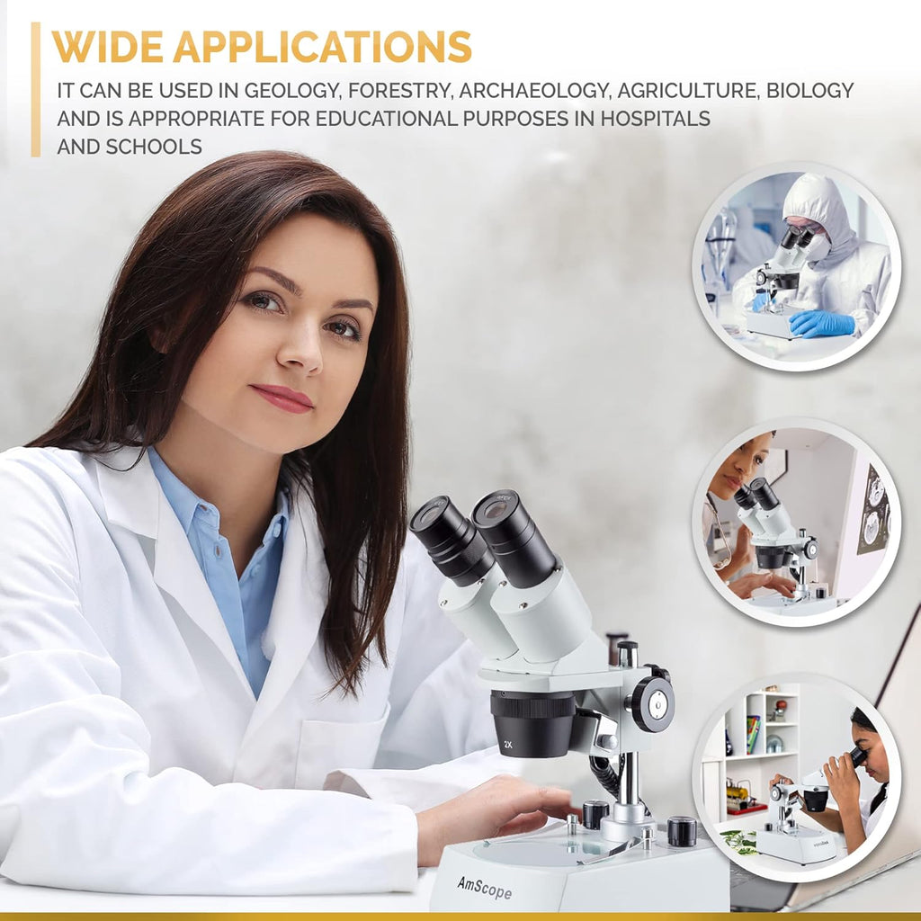 Binocular Stereo Microscope, WF10x Eyepieces, 20X and 40X Magnification, 2X and 4X Objectives, Upper and Lower LED Lighting, Reversible Black/White Stage Plate, Pillar Stand T478