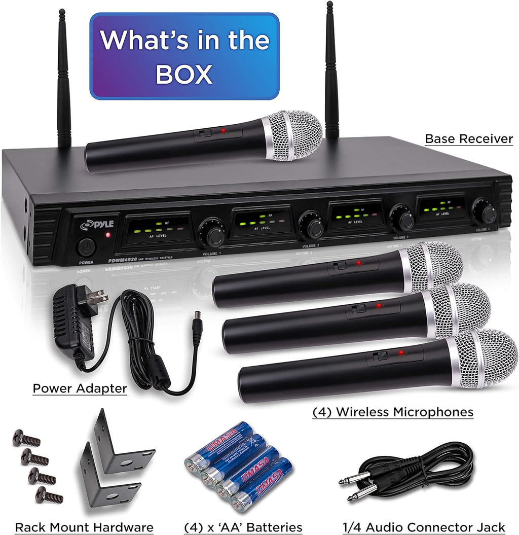 4 Channel Wireless Microphone System with 4 Handheld Dynamic Mic, Receiver, Dual Antenna, Black X97421