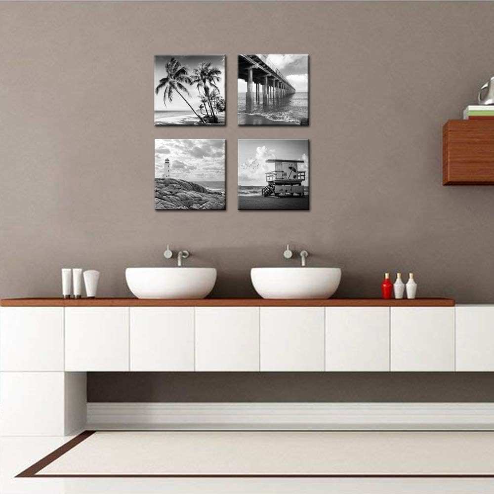 Black and White Beach Wall Art Florida Seascape Painting Lighthouse Lifeguard Tower Pier Picture Print Framed Artwork Ready to Hang B767395