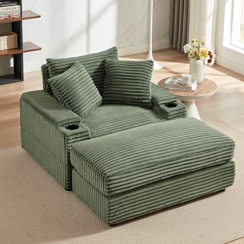 Oversized Corduroy Convertible Sleeper Sofa with Ottoman, Grey S924137