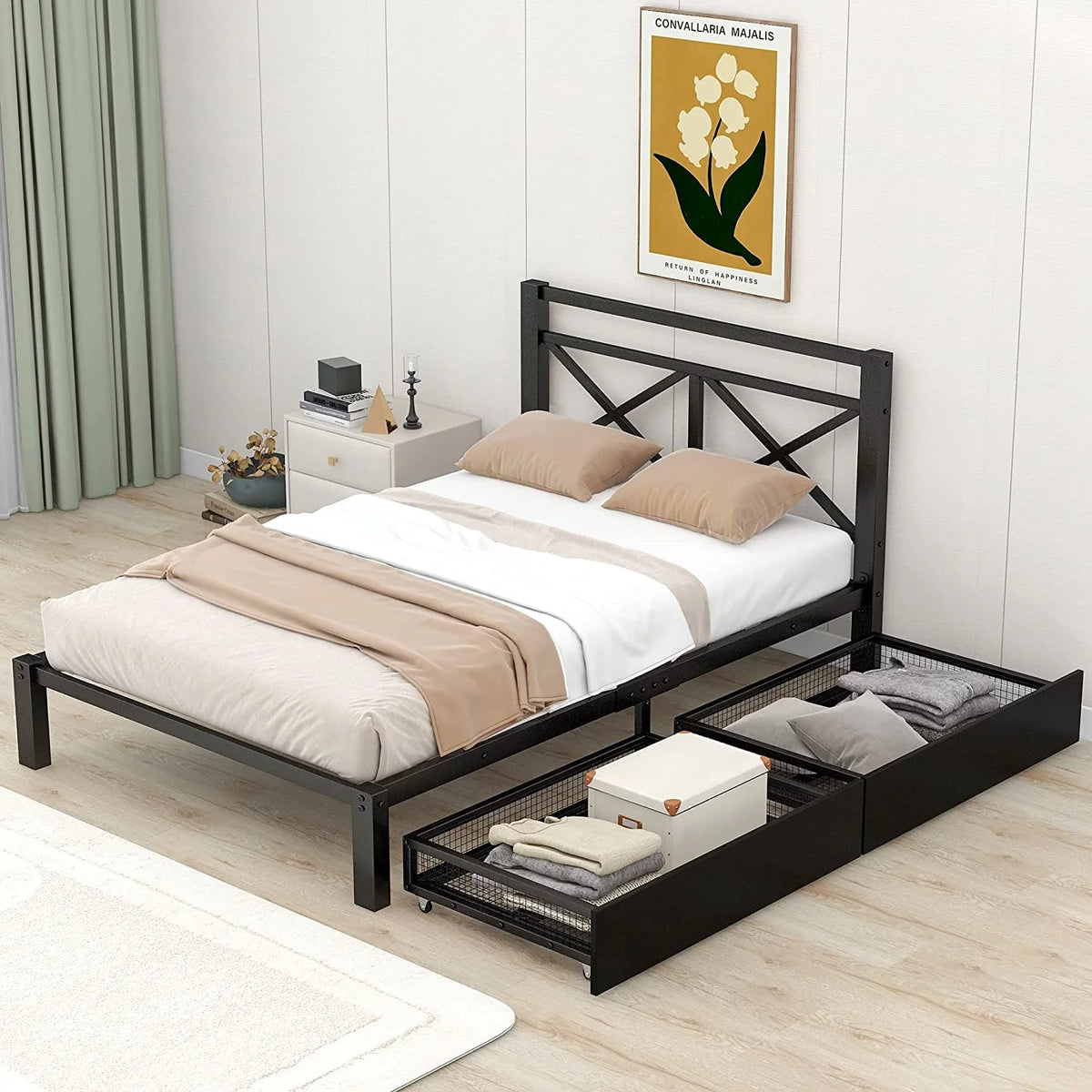 Metal Platform Bed with 2 Storage Drawers E65659