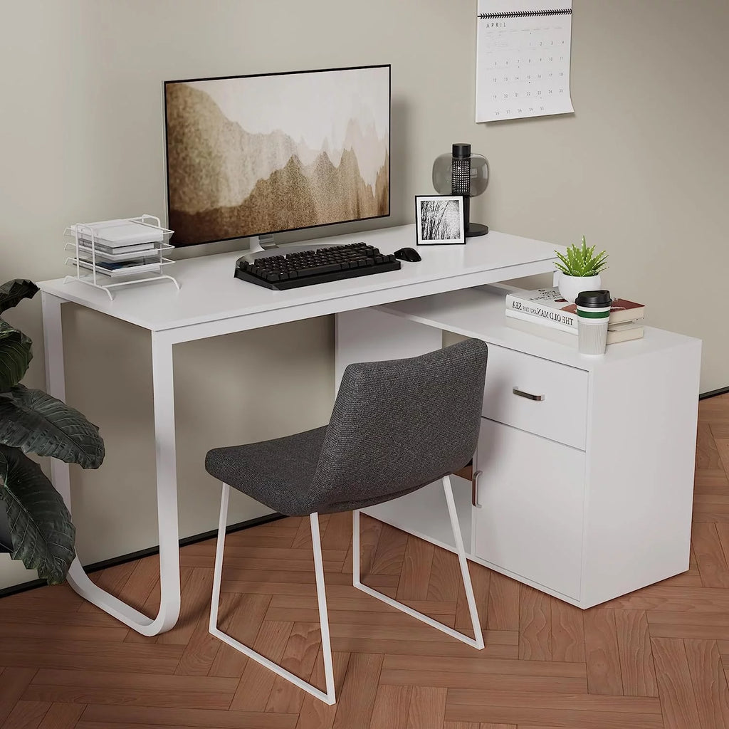 White L-Shaped Computer Desk with Drawer and 2 Shelves X8266