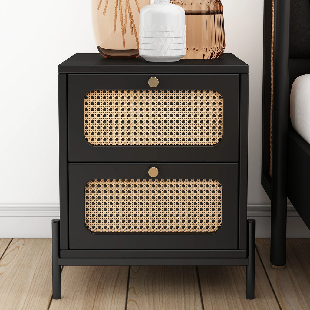 Black 2-Drawer Rattan Wood Side Table S908
