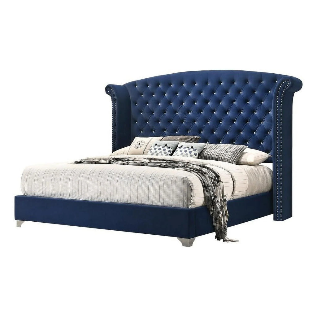 Eastern King Wingback Velvet Upholstered Bed Pacific Blue C5201