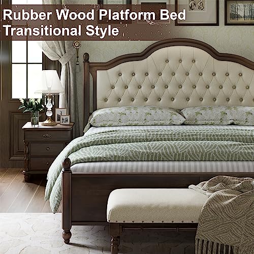 Walnut Queen Size Solid Bed Frame with Upholstered Tufted Headboard F2084