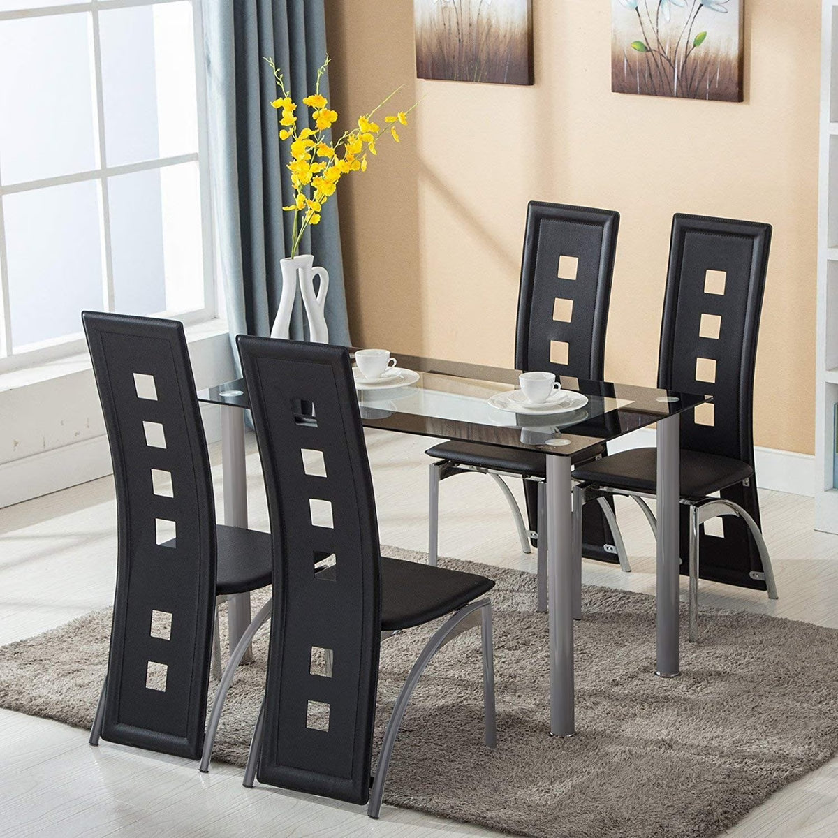 Transparent & Black Tempered Glass Dining Table Set with 4pcs Chairs L141