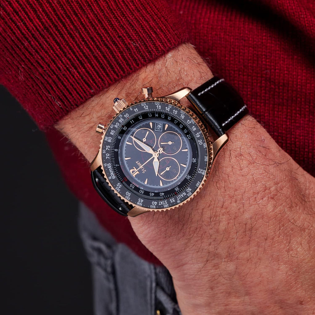 Vintage Style Chronograph Watch with Genuine Crocodile-Embossed Black Leather Band and Rose Gold Stainless Case D50653