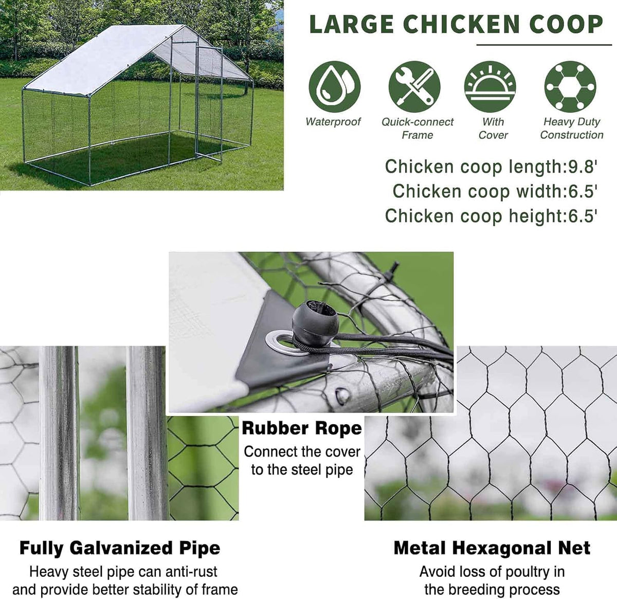 Large Metal Chicken Coop with Waterproof & Anti-UV Cover, Galvanized Steel (9.8' x 13.1' x 6.5') C136