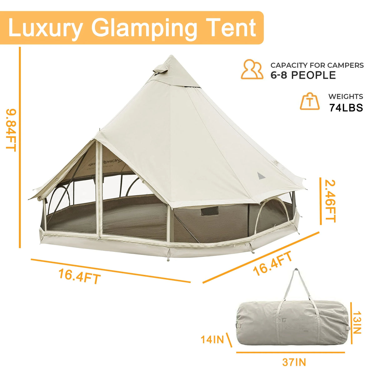 Canvas Bell Tent with Stove Jack Hole, 8-People 4 Seasons T39919