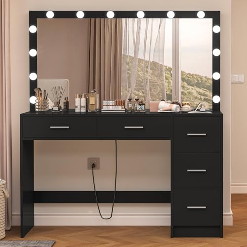 White 43.3" Vanity Desk with Lighted Mirror and 7 Drawers K123