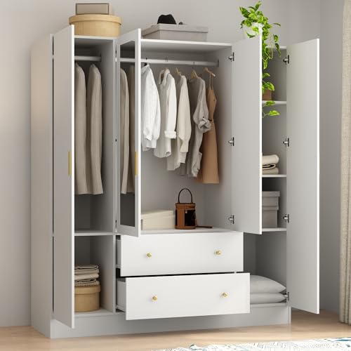 Black Brown 4-Door Armoire Wardrobe with Mirror, 2 Drawers, 2 Hanging Bars, 7 Shelves L6809