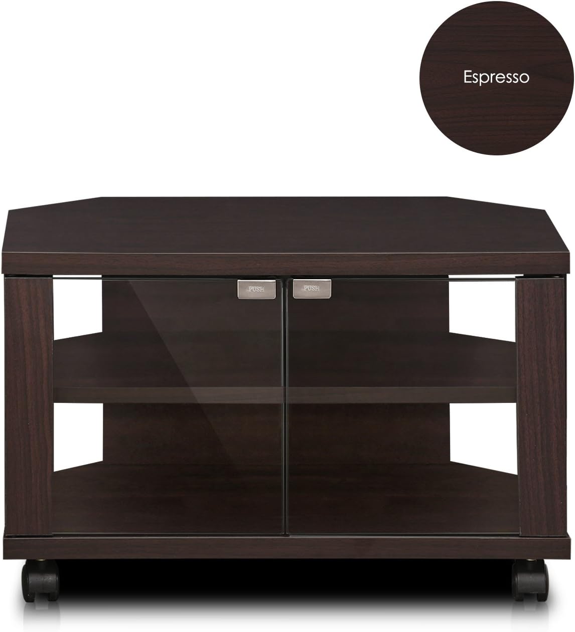 3-Tier TV Stand with Glass Doors and Casters, Espresso Y353