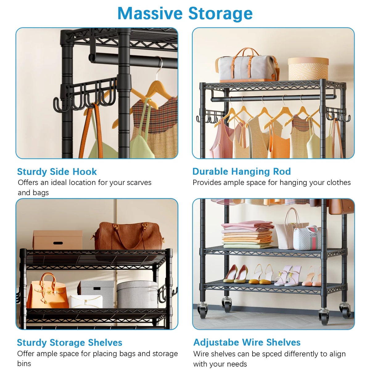 Rolling Clothes Rack Portable Garment Rack Black F120