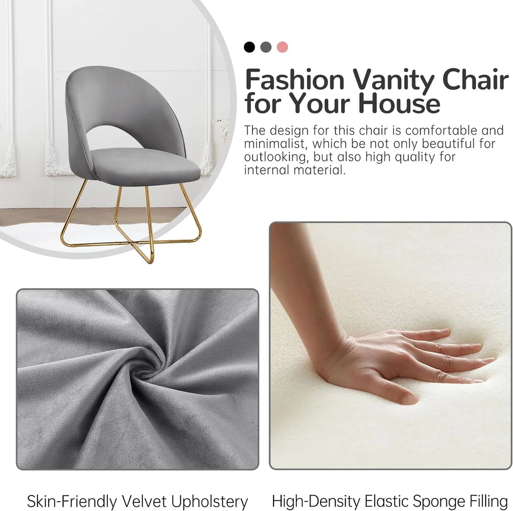Lightgrey Velvet Upholstered Vanity Chair with Metal Legs W20803