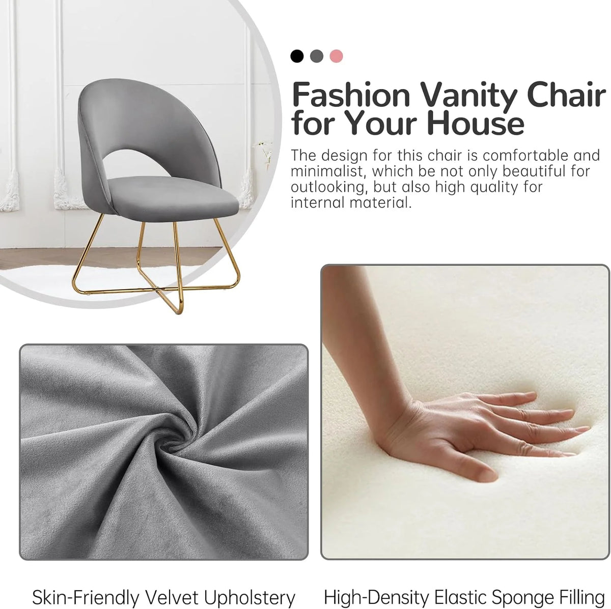 Lightgrey Velvet Upholstered Vanity Chair with Metal Legs W20803