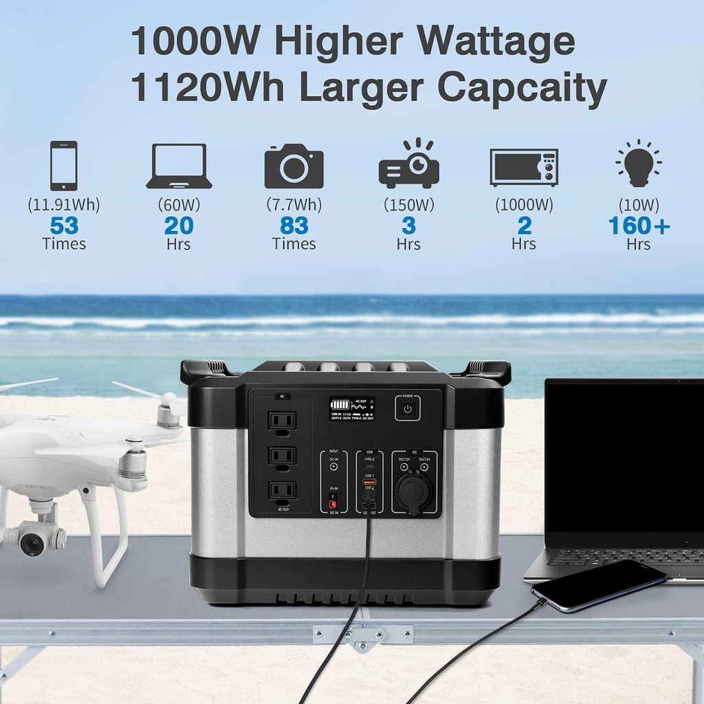 350000mAh 1000W 1120Wh Solar Power Generator with 3 AC Outlets, 3 USB Ports, LED Display N713633