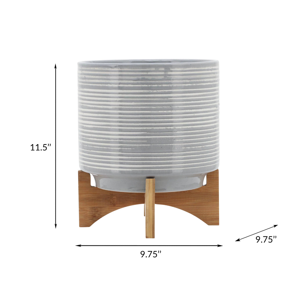 10" Round Striped Ceramic Planter On Stand E530923