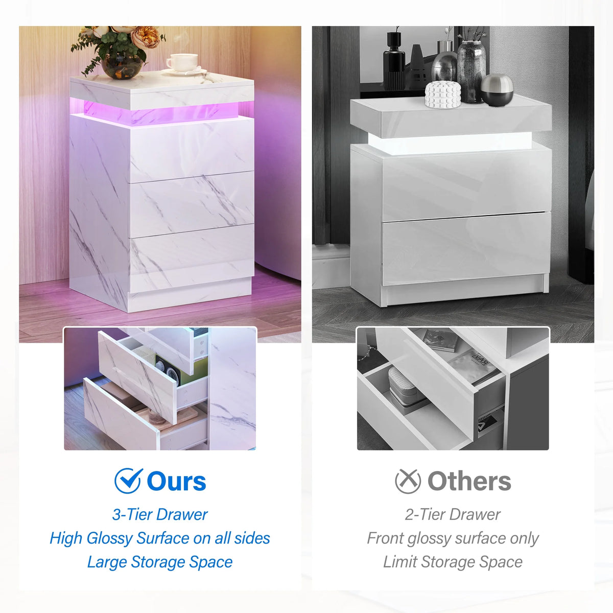 Set of 2 3 Drawer LED Nightstand T4106