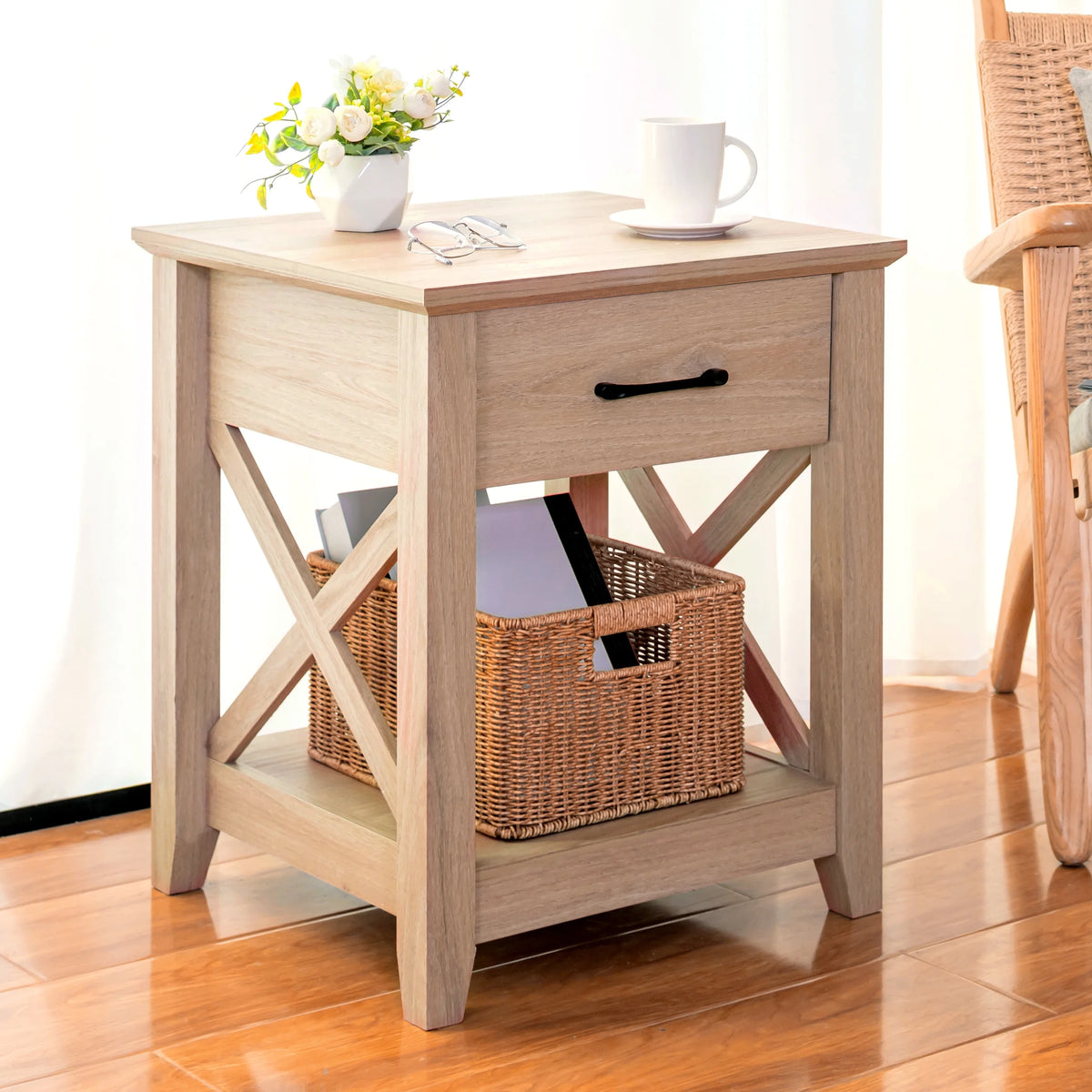 Farmhouse X-Design End Table with Storage Drawer T427349