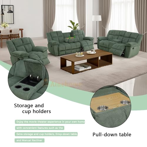 Manual Recliner Sofa Set, Corduroy Recliner Chair, Green W7049