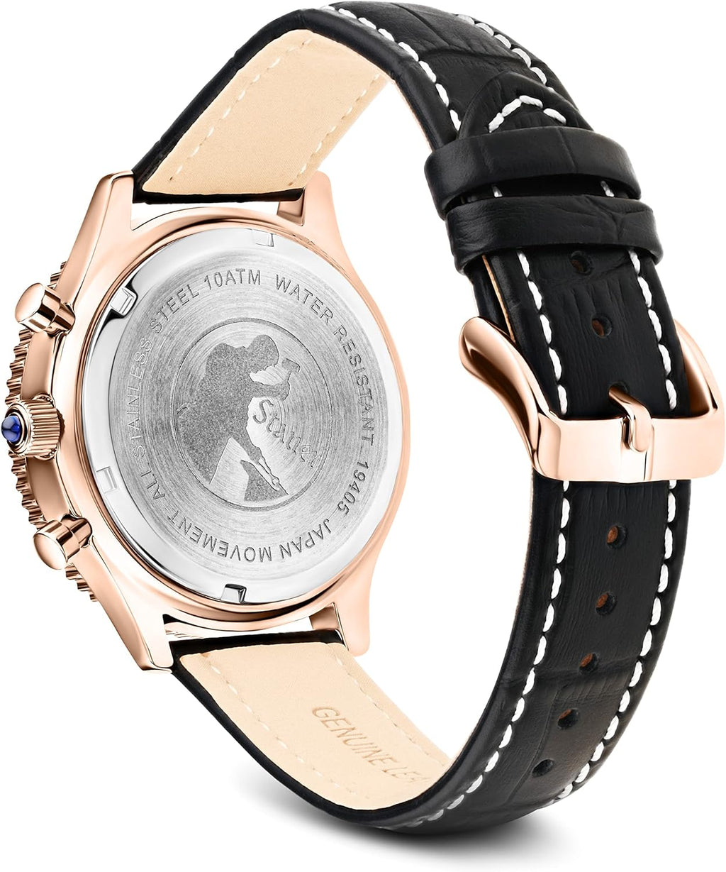 Vintage Style Chronograph Watch with Genuine Crocodile-Embossed Black Leather Band and Rose Gold Stainless Case D50653