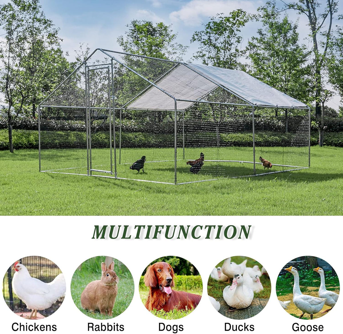 Large Metal Chicken Coop with Waterproof & Anti-UV Cover, Galvanized Steel (9.8' x 13.1' x 6.5') C136