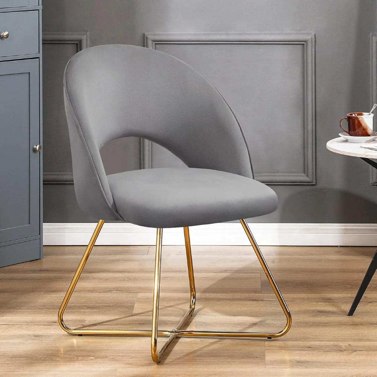 Lightgrey Velvet Upholstered Vanity Chair with Metal Legs W20803