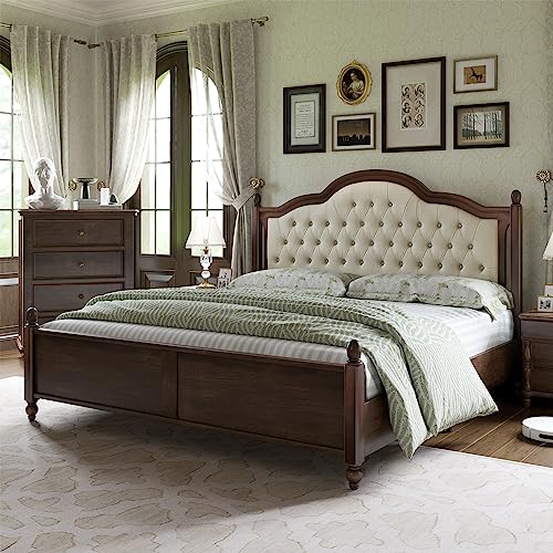 Walnut Queen Size Solid Bed Frame with Upholstered Tufted Headboard F2084