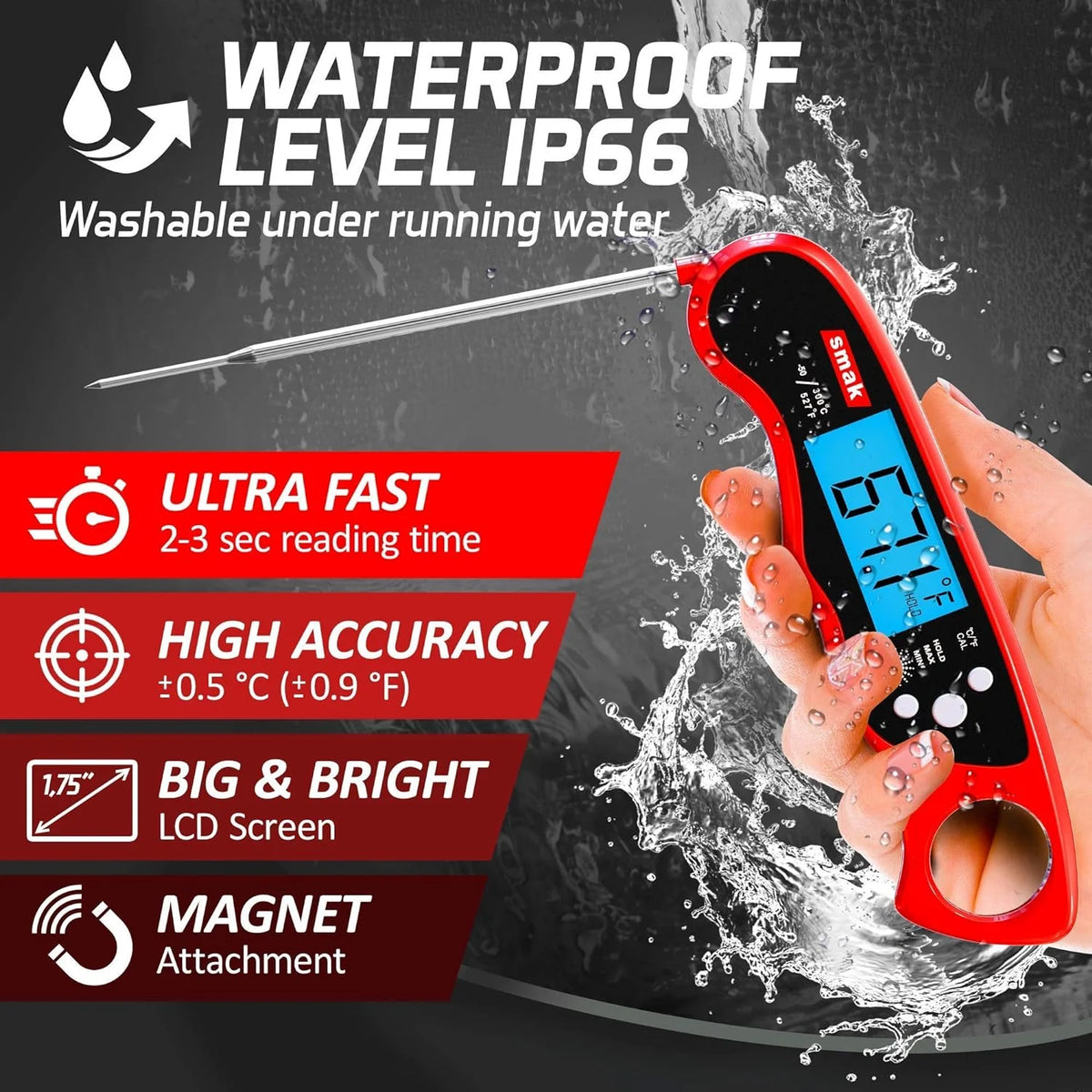 Waterproof Digital Instant Read Meat Thermometer with Backlight LCD T64616