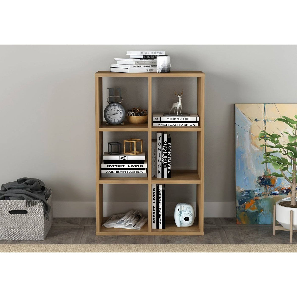 Walnut Cube Shape Bookcase 6 Open Storage L298246